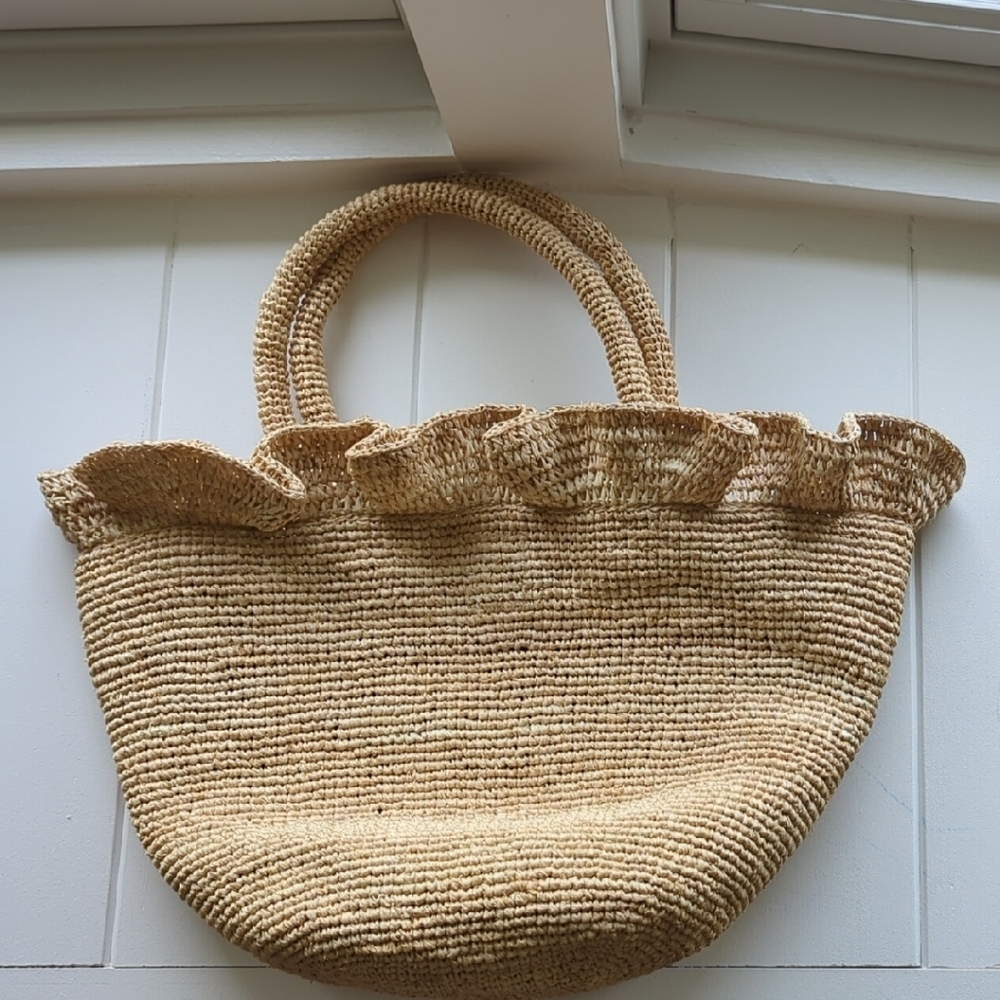 Loeffler Randall Tan Woven Tote Bag with Ruffled Edge